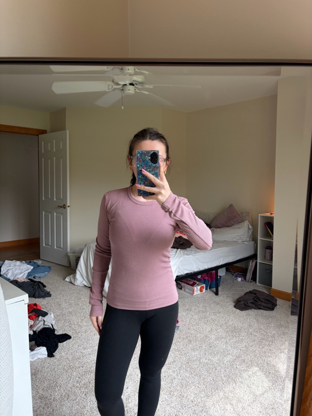 Zara Dusty Rose Ribbed Long-Sleeve Crewneck Top